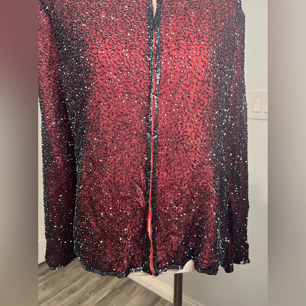 Vintage Laurence Kazar 80s 90s Sequin Silk Beaded Gatsby Evening Blazer Jacket - Picture 8 of 11